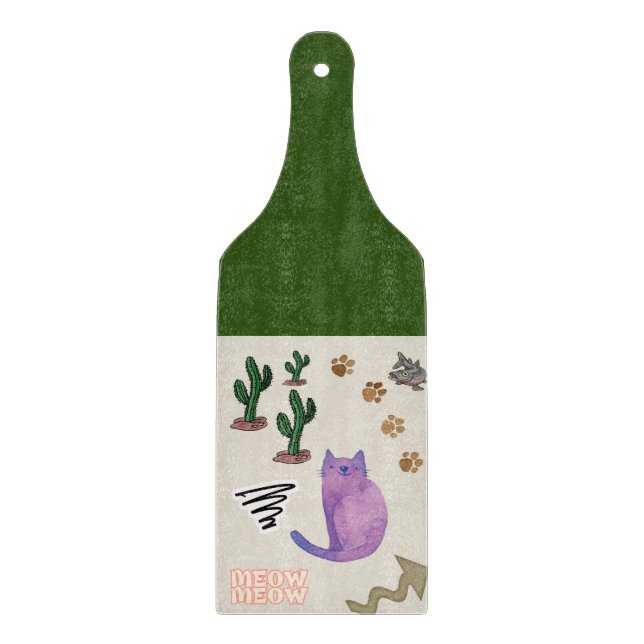 Glass Cutting Board Cat Fish Cactus Meow (Front)
