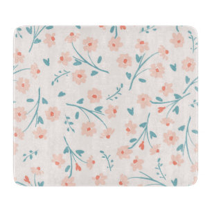 GLASS CUTTING BOARD : PALE PINK FLORAL PATTERN
