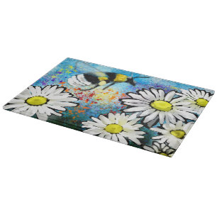 Glass Cutting Board - Whimsical Bee & Daisies