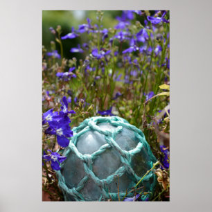 Glass Fishing Float And Flowers Poster