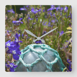 Glass Fishing Float And Flowers Square Wall Clock