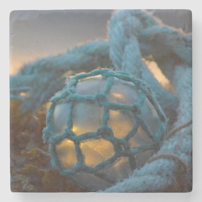 Glass fishing float, Sunset, Alaska Stone Coaster (Front)