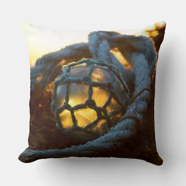 Glass float glows at sunset, Alaska Cushion (Front)