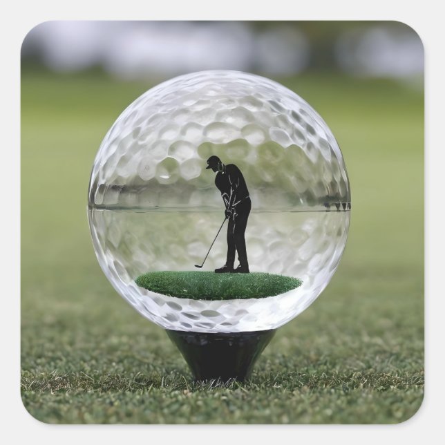 Glass Golf Ball With Golf Player Inside, Square Sticker (Front)