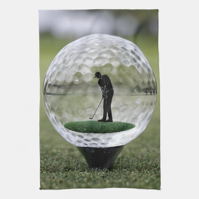 Glass Golf Ball With Golf Player Inside, Tea Towel (Vertical)