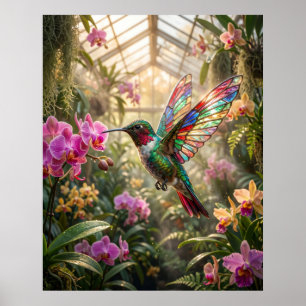 Glass Hummingbird Orchid Glow Poster