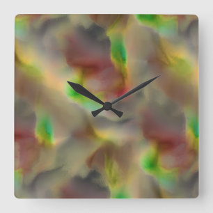 Glass look in red and lime green on shades of grey square wall clock