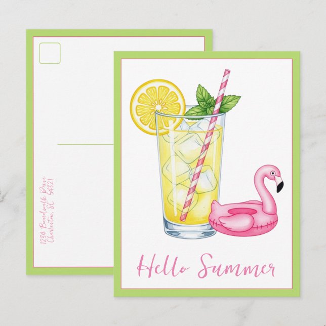 Glass of Lemonade With Flamingo Postcard (Front/Back)
