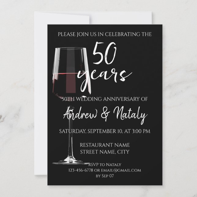 Glass of red wine on black invitation (Front)