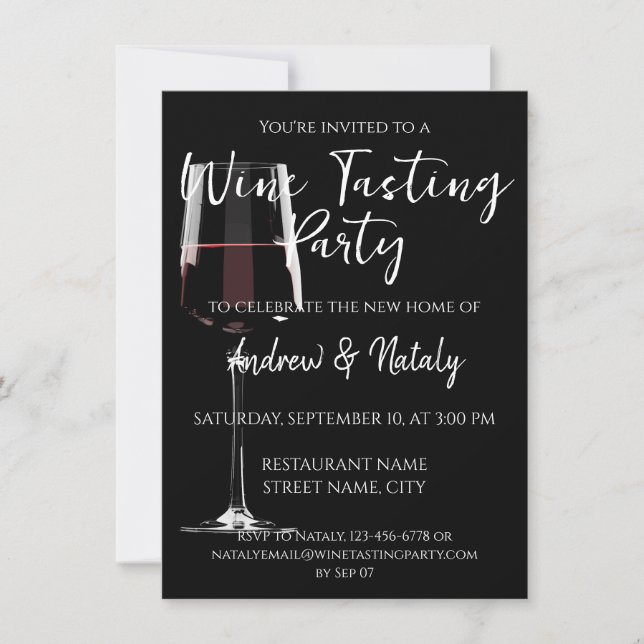Glass of red wine on black invitation (Front)