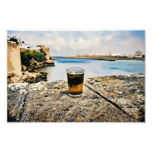 Glass of Tea with Scenic Coastal Background Photo Print