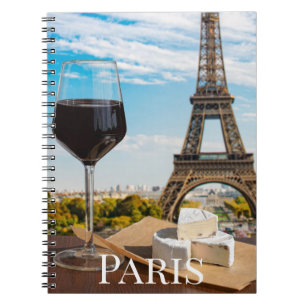 Glass of wine with brie cheese on Eiffel tower Notebook