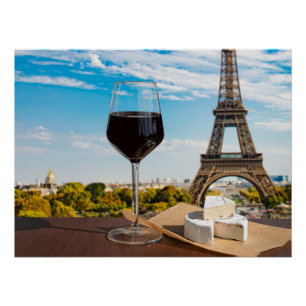 Glass of wine with brie cheese on Eiffel tower Poster
