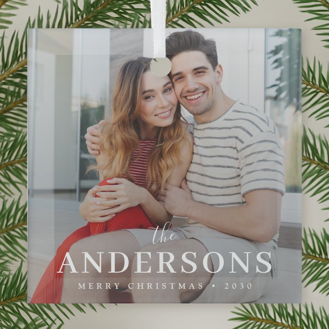 Glass Ornament | Elegant Christmas Mr & Mrs Photo (Personalized photo ornament with modern design and timeless Christmas elegance)