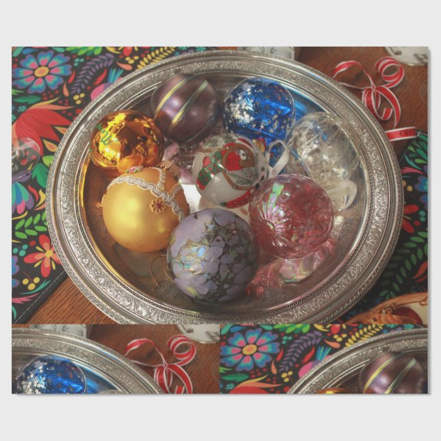 Glass ornaments in silver box with folk art wrapping paper (Flat)