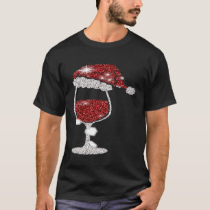 Glass Red Wine Santas Hat Xmas Clothes Pjs Outfit  T-Shirt