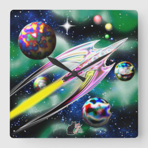 Glass Rocket Square Wall Clock