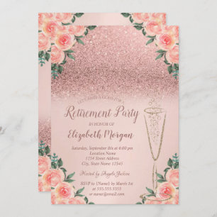 Glass Rose Gold Glitter Bokeh Floral Retirement Invitation