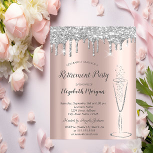 Glass Silver Glitter Drops Rose Gold Retirement  Invitation
