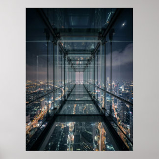 Glass Skywalk Over Neon City Poster