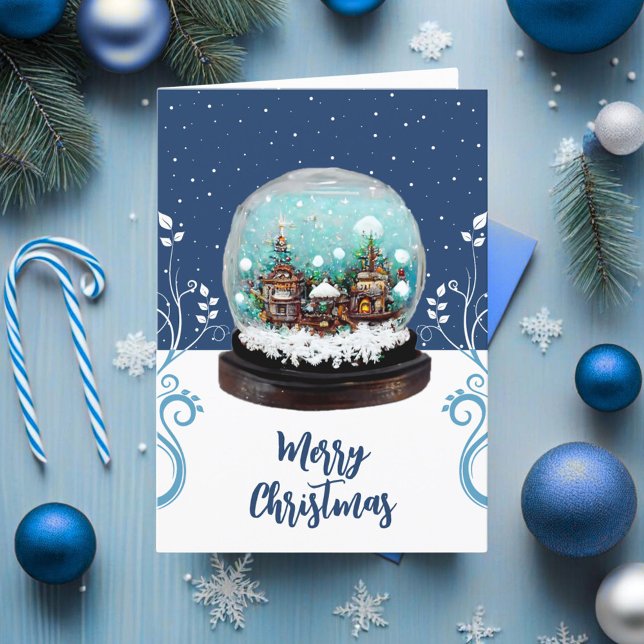 Glass Snowball Winter Village Blue Christmas Holiday Card (Creator Uploaded)