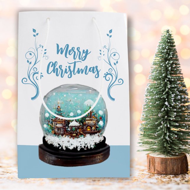 Glass Snowball Winter Village Blue Merry Christmas Medium Gift Bag (Creator Uploaded)
