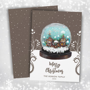 Glass Snowball Winter Village Foliage Christmas  Holiday Card