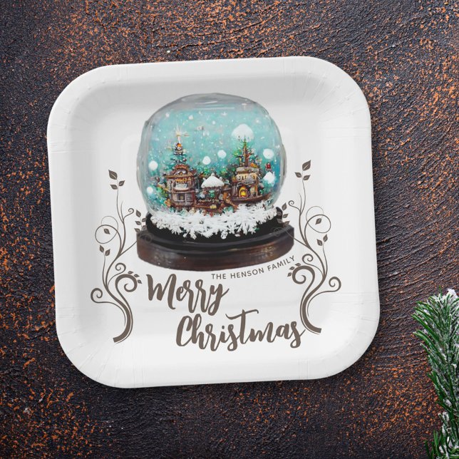 Glass Snowball Winter Village Foliage Christmas Paper Plate (Creator Uploaded)