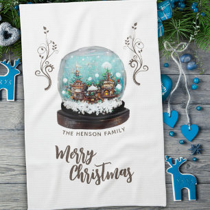 Glass Snowball Winter Village Foliage Christmas Tea Towel