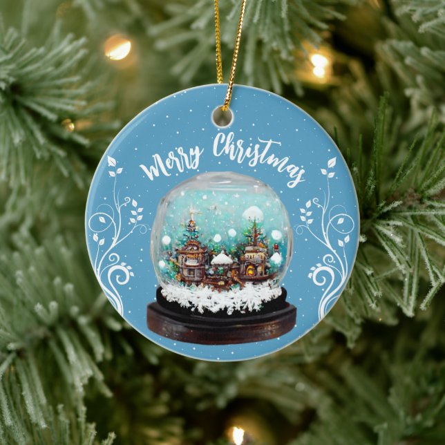 Glass Snowball Winter Village Snowflakes Blue Ceramic Ornament (Tree)