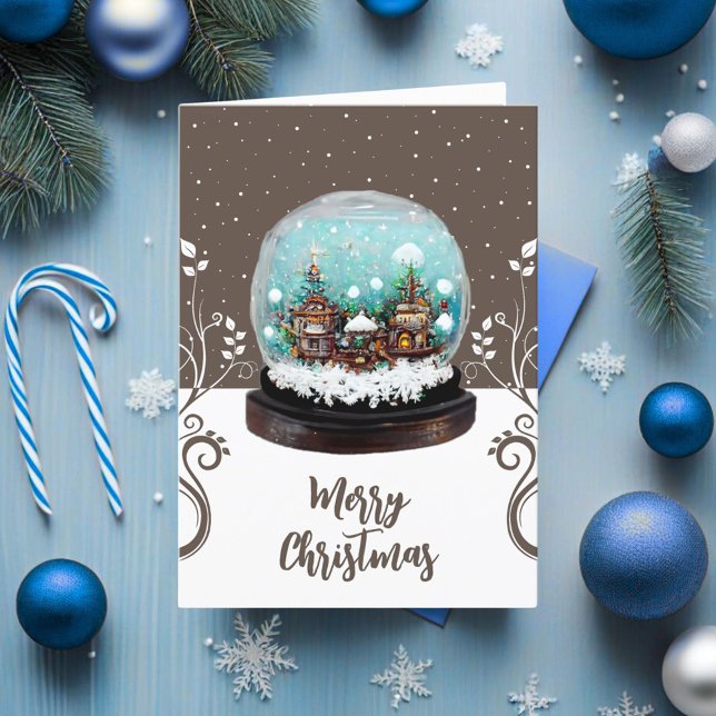 Glass Snowball Winter Village Snowflakes Brown Holiday Card (Creator Uploaded)