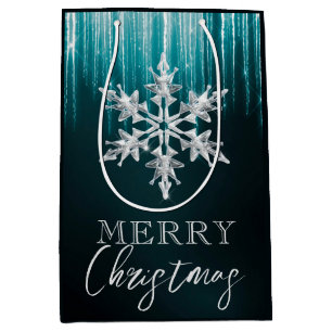 Glass Snowflake on Teal Winter Icicles Christmas Medium Gift Bag
