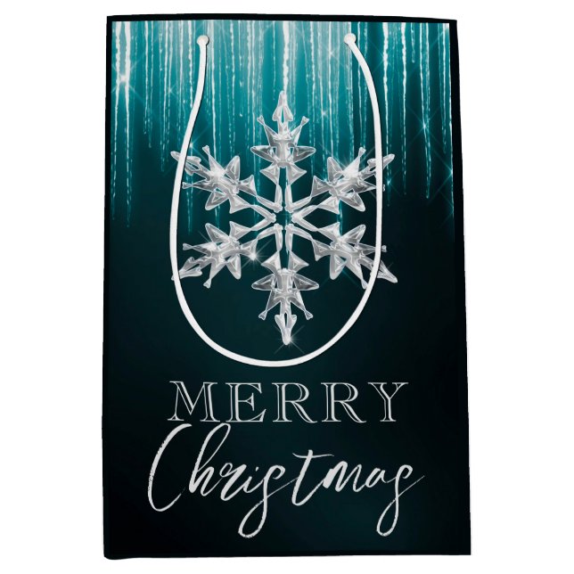 Glass Snowflake on Teal Winter Icicles Christmas Medium Gift Bag (Front)