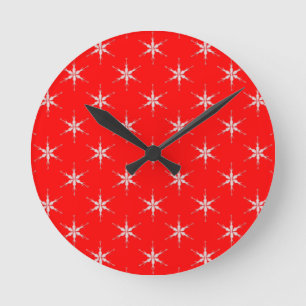 Glass Snowflakes On Red Background Round Clock