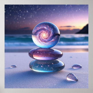 Glass Sphere and Pebbles on Serene Beach Poster