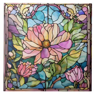 Glass Stained Watercolor Flower Ceramic Tile
