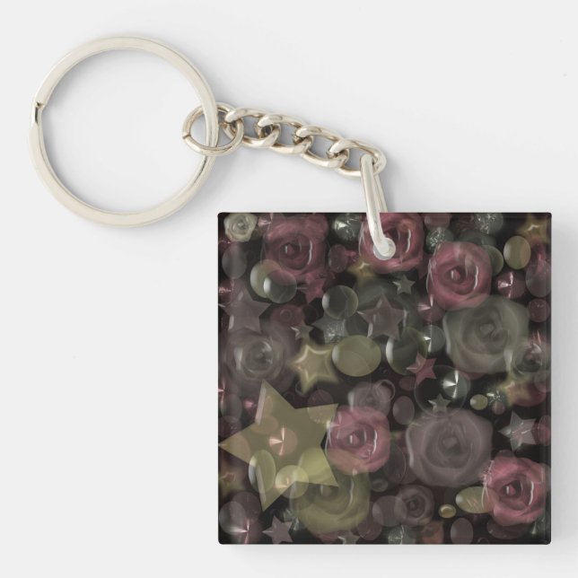 Glass, stars, flowers ceramic tile key ring (Front)
