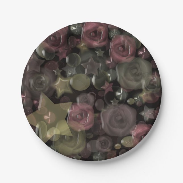 Glass tile 3D liquid roses and stars Paper Plate (Front)