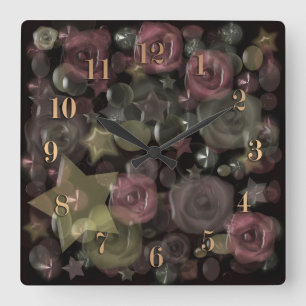 Glass tile 3D liquid roses and stars Square Wall Clock