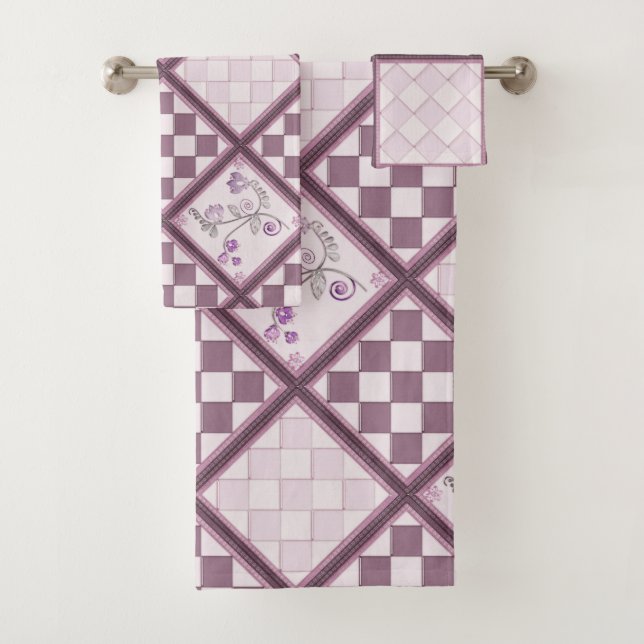 Glass tile 3D purple colour Bath Towel Set (Insitu)