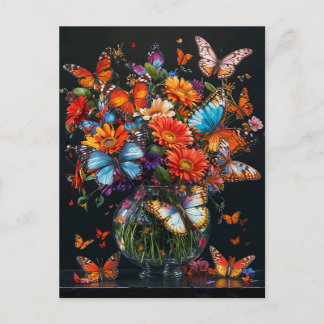 Glass vase with colourful butterflies and flowers. postcard