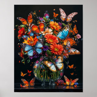 Glass vase with colourful butterflies and flowers. poster