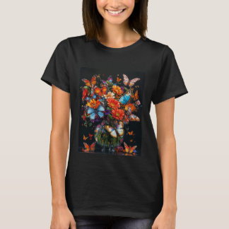 Glass vase with colourful butterflies and flowers. T-Shirt