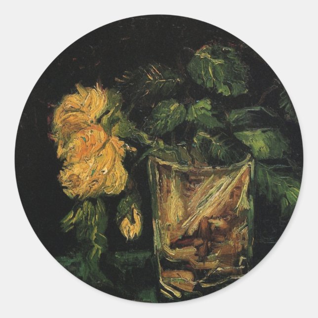 Glass with Roses by Vincent van Gogh Classic Round Sticker (Front)