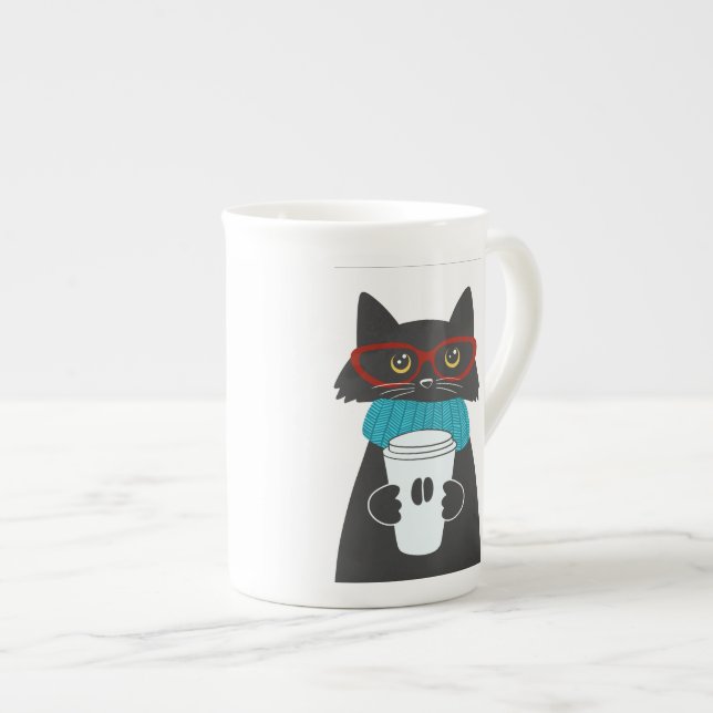 Glasses cat holding a cup of coffee (Front Right)