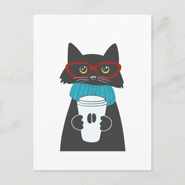 Glasses cat holding a cup of coffee postcard (Front)