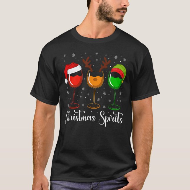 Glasses Of Wine Christmas Spirits Xmas Lights Elf  T-Shirt (Front)