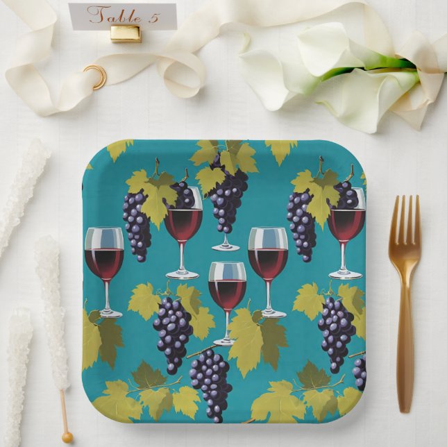 Glasses Of Wine With Grapes On Teal Background Paper Plate (Wedding)