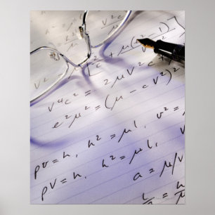 Glasses, pen and mathematical symbols on paper, poster