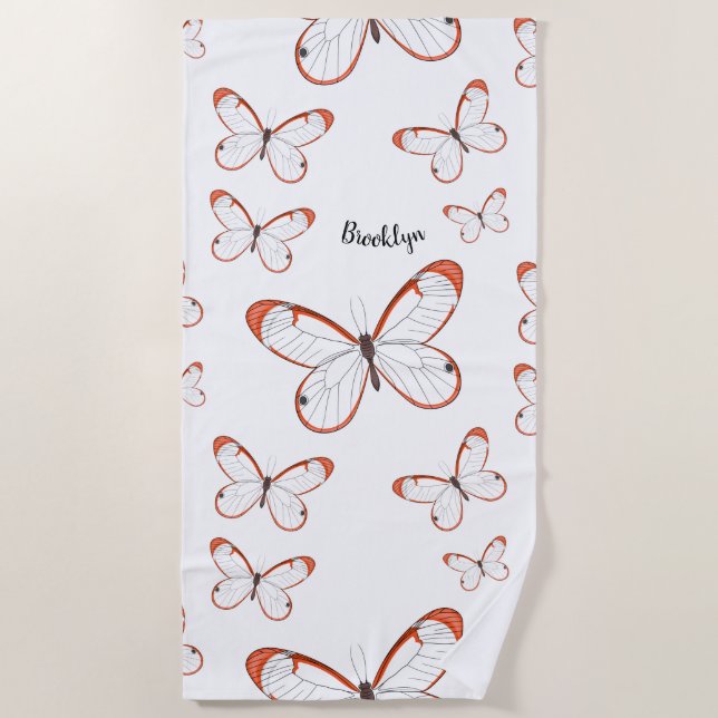 Glasswing butterfly cartoon illustration beach towel (Front)